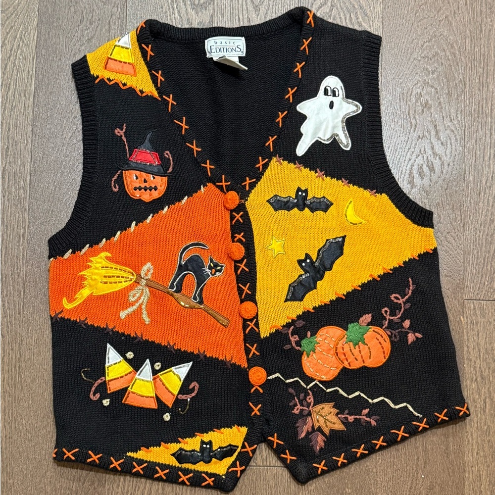 Basic Editions Vintage Halloween Sweater Vest Teacher Sweater Medium 90s Y2K